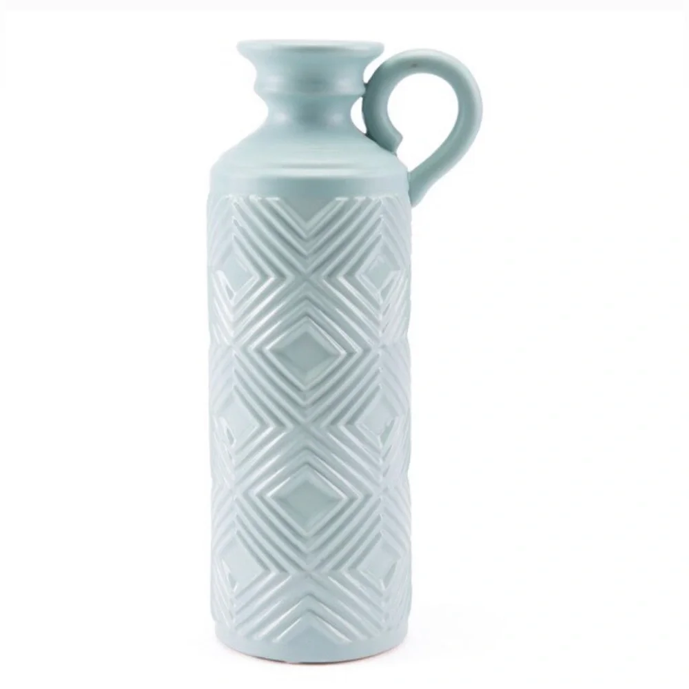 Bed Bath & Beyond Large Sea Blue Herringbone Decor Jug Bottle Pitcher Vase - EUC